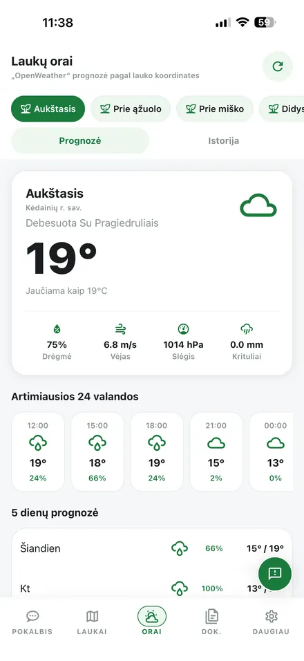 Kiekvieno lauko orų prognozė programėlėje
